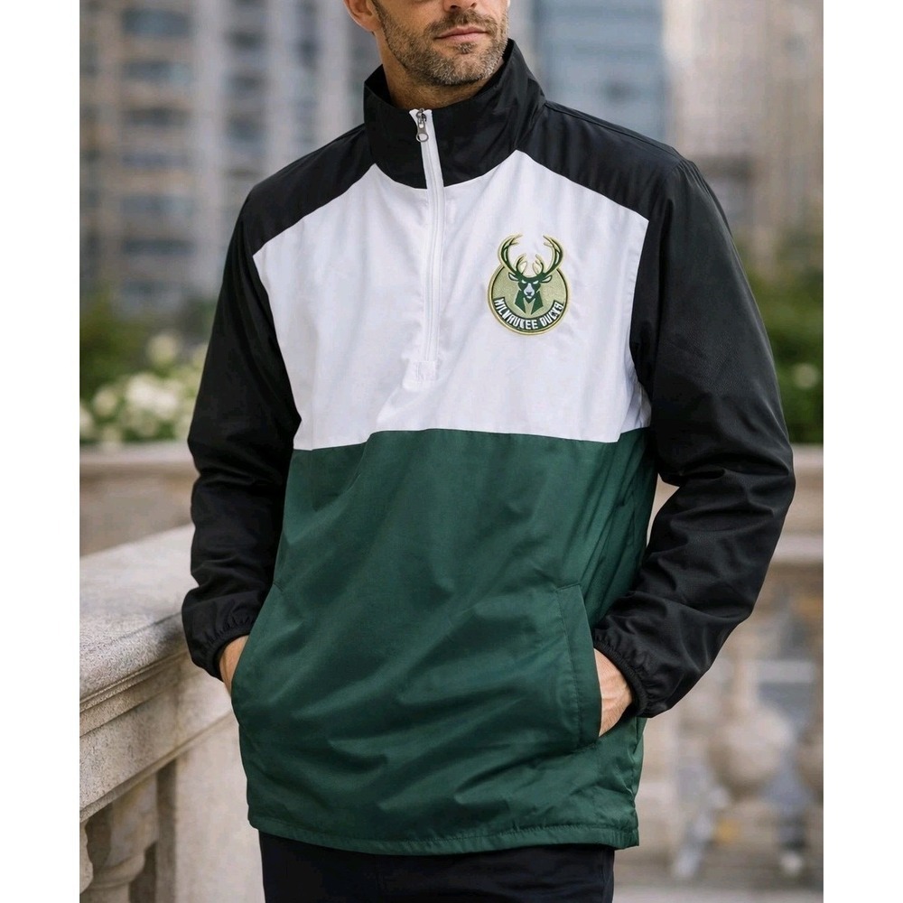 NBA Milwaukee Bucks Jacket Men L Windbreaker G-III Half Zip NWT $85